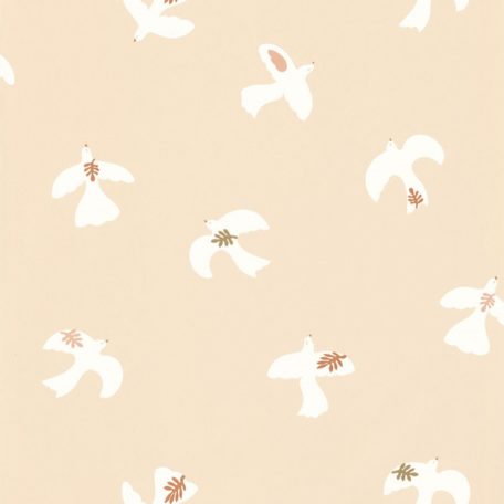 Költői és szimbolikus design - Madárraj a Béke madaraiból rózsaszín/bézses rózsaszín fehér és aranybarna tónus fémes hatás tapéta