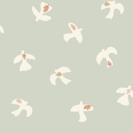 Költői és szimbolikus design - Madárraj a Béke madaraiból vízzöld fehér és aranybarna tónus fémes hatás tapéta