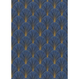   Lenyűgöző legyezőszerű kis pálmalevél - palmetta - art deco motívum kék sötétkék és fémes arany tónus tapéta