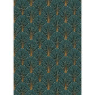   Lenyűgöző legyezőszerű kis pálmalevél - palmetta - art deco motívum zöld türkiz és fémes arany tónus tapéta