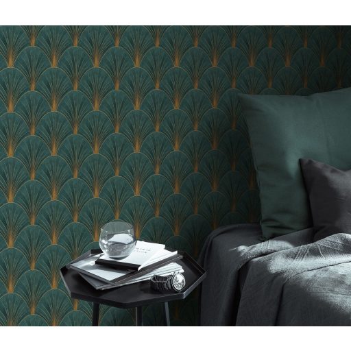 Lenyűgöző legyezőszerű kis pálmalevél - palmetta - art deco motívum zöld türkiz és fémes arany tónus tapéta
