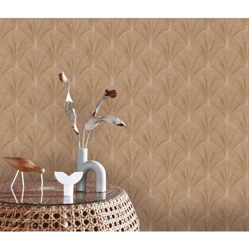 Lenyűgöző legyezőszerű kis pálmalevél - palmetta - art deco motívum aranybarna és fémes arany tónus tapéta
