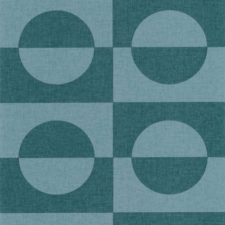 Retro szellemű geometrikus minta - szórakoztató pozitív és negatív fényjátékú felkörök canard kék/zöldeskék tónus tapéta