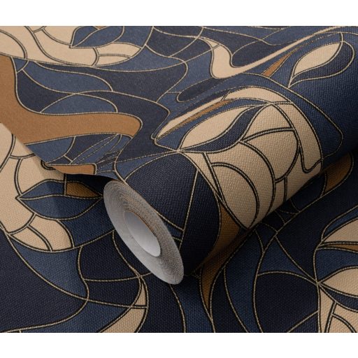 Modern művészi női arc ábrázolás art deco jegyekkel kék sötétkék bézs és aranysárga/barna tónus tapéta