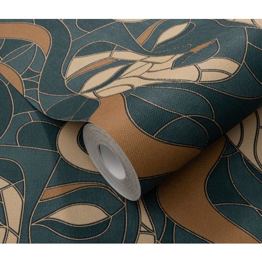 Modern művészi női arc ábrázolás art deco jegyekkel zöld sötétzöld türkiz bézs és aranysárga/barna tónus tapéta