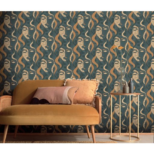 Modern művészi női arc ábrázolás art deco jegyekkel zöld sötétzöld türkiz bézs és aranysárga/barna tónus tapéta