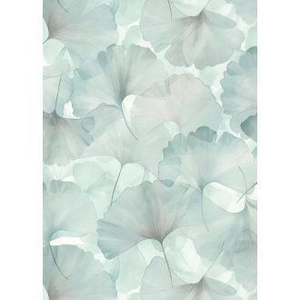   Áttetsző egymásba olvadó légies gingko levelek bravúros mintája halványzöld/türkiz pasztellkék hamuszürke és fehér tónus tapéta
