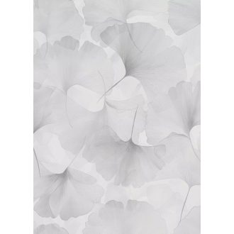   Áttetsző egymásba olvadó légies gingko levelek bravúros mintája halvány gyöngyszürke és ezüst tónus fémes hatás tapéta