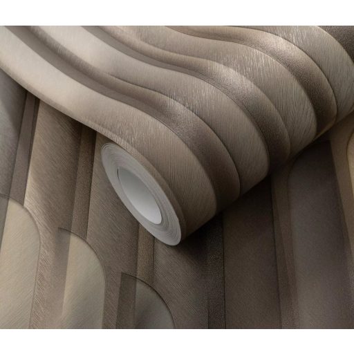 Már-már művészi ívelt formák harmonikus és ritmusos designja meleg bézs homokszín hűvös szürke és arany tónus fémes hatás tapéta