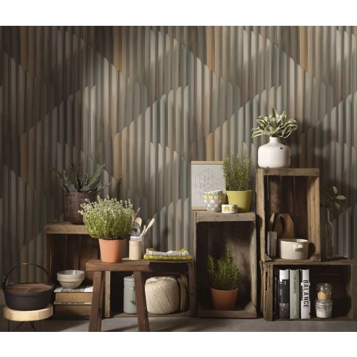 Már-már művészi ívelt formák harmonikus és ritmusos designja meleg bézs homokszín hűvös szürke és arany tónus fémes hatás tapéta