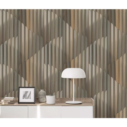 Már-már művészi ívelt formák harmonikus és ritmusos designja meleg bézs homokszín hűvös szürke és arany tónus fémes hatás tapéta