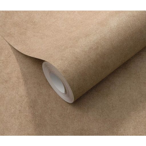 Elegancia és finom harmónia - texturált vászonhatású egyszínű minta bézs/homokszín mogyoróbarna és arany tónus tapéta