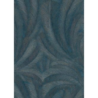   A természet finom motívuma - Hosszú íves tollak 3D rajzolata mély petrolkék türkiz aranybarna és ezüst árnyalatok tapéta