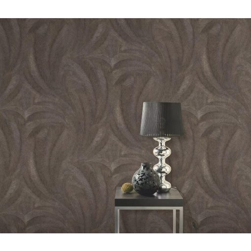 A természet finom motívuma - Hosszú íves tollak 3D rajzolata bronzos-barnás és antracit árnyalatok tapéta