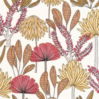   Maga a megtestesült szépség - kézzel rajzolt Bali növényi design fehér rózsaszín fuchsia barna és sárga tónus tapéta