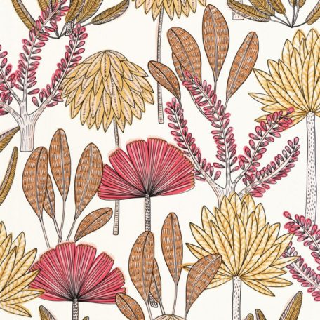 Maga a megtestesült szépség - kézzel rajzolt Bali növényi design fehér rózsaszín fuchsia barna és sárga tónus tapéta