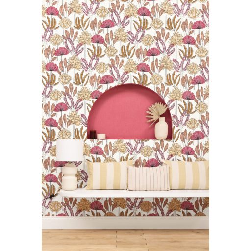 Maga a megtestesült szépség - kézzel rajzolt Bali növényi design fehér rózsaszín fuchsia barna és sárga tónus tapéta