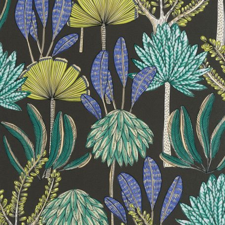 Maga a megtestesült szépség - kézzel rajzolt Bali növényi design fekete zöld bézs liláskék és zöldessárga tónus tapéta