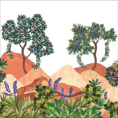 Lélegzetelállító stilizált trópusi panoráma fenséges leopárddal "L" fehér vörösessárga zöld és sokszínű tónus falpanel