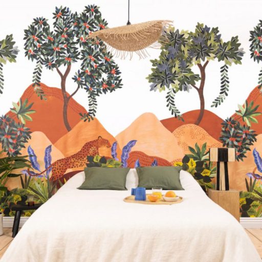 Lélegzetelállító stilizált trópusi panoráma fenséges leopárddal "L" fehér vörösessárga zöld és sokszínű tónus falpanel