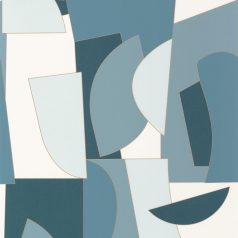   Művészi geometriai 3D minta egyenes és lekerekített formák váltakozásával fehér kék és petrol tónus arany kontúrok tapéta