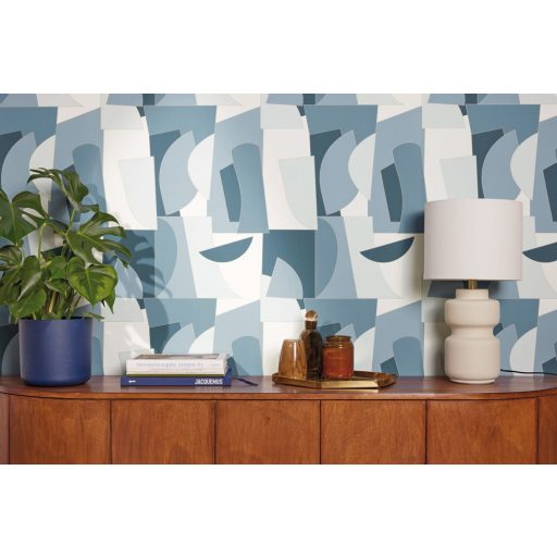 Művészi geometriai 3D minta egyenes és lekerekített formák váltakozásával fehér kék és petrol tónus arany kontúrok tapéta