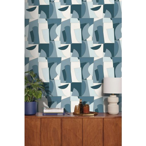 Művészi geometriai 3D minta egyenes és lekerekített formák váltakozásával fehér kék és petrol tónus arany kontúrok tapéta