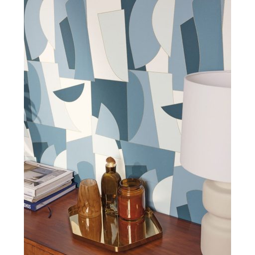 Művészi geometriai 3D minta egyenes és lekerekített formák váltakozásával fehér kék és petrol tónus arany kontúrok tapéta