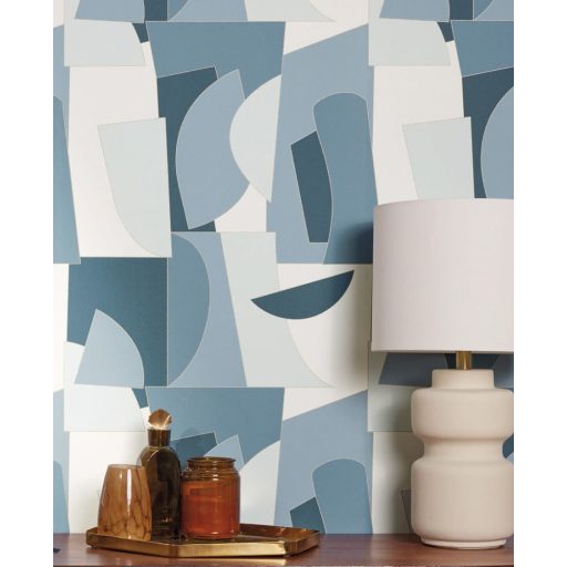 Művészi geometriai 3D minta egyenes és lekerekített formák váltakozásával fehér kék és petrol tónus arany kontúrok tapéta