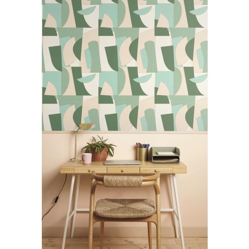 Művészi geometriai 3D minta egyenes és lekerekített formák váltakozásával fehér bézs növényzöld tónus arany kontúrok tapéta