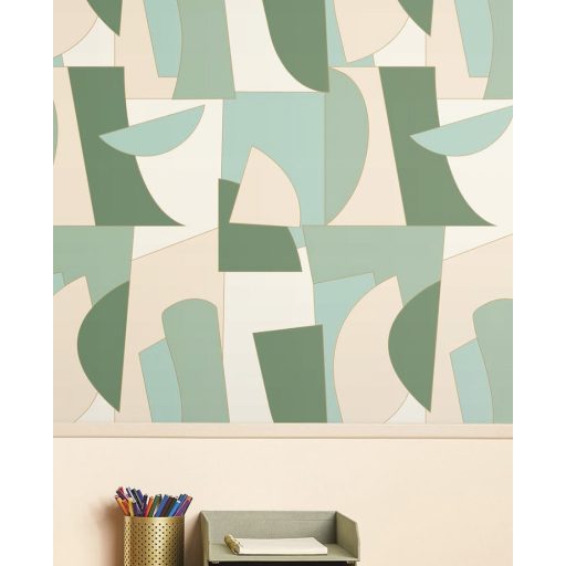 Művészi geometriai 3D minta egyenes és lekerekített formák váltakozásával fehér bézs növényzöld tónus arany kontúrok tapéta