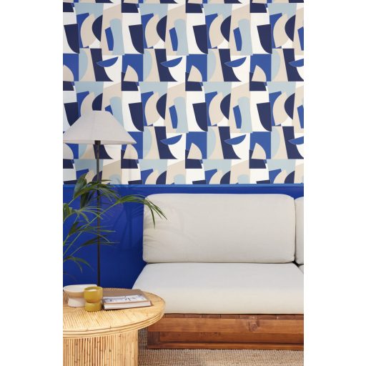 Művészi geometriai 3D minta egyenes és lekerekített formák váltakozásával fehér bézs és elektrokék tónus arany kontúrok tapéta