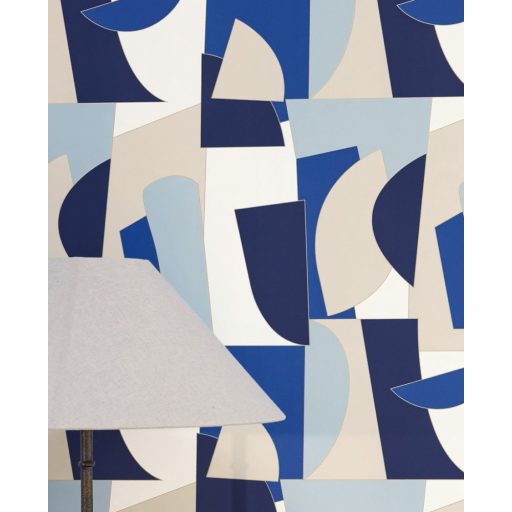 Művészi geometriai 3D minta egyenes és lekerekített formák váltakozásával fehér bézs és elektrokék tónus arany kontúrok tapéta