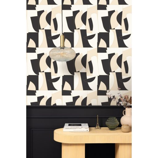 Művészi geometriai 3D minta egyenes és lekerekített formák váltakozásával fehér bézs és fekete tónus arany kontúrok tapéta