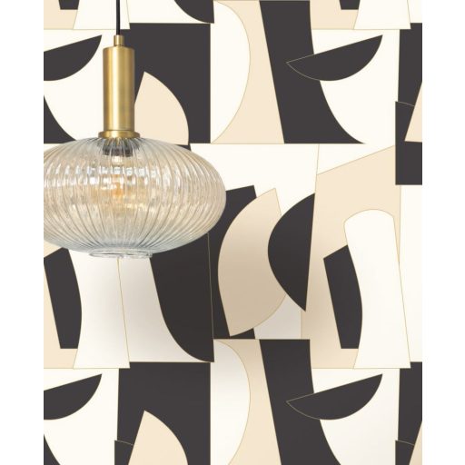 Művészi geometriai 3D minta egyenes és lekerekített formák váltakozásával fehér bézs és fekete tónus arany kontúrok tapéta