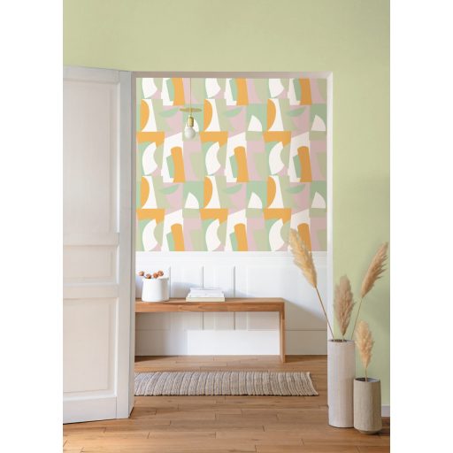 Művészi geometriai 3D minta egyenes és lekerekített formák váltakozásával fehér sárga zöld és mályva tónus tapéta