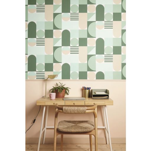 Bauhaus ihletésű grafikus fali dekoráció purista mértani elemekkel fehér bézs és növényzöld tónus tapéta