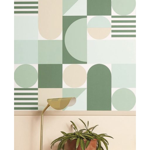Bauhaus ihletésű grafikus fali dekoráció purista mértani elemekkel fehér bézs és növényzöld tónus tapéta