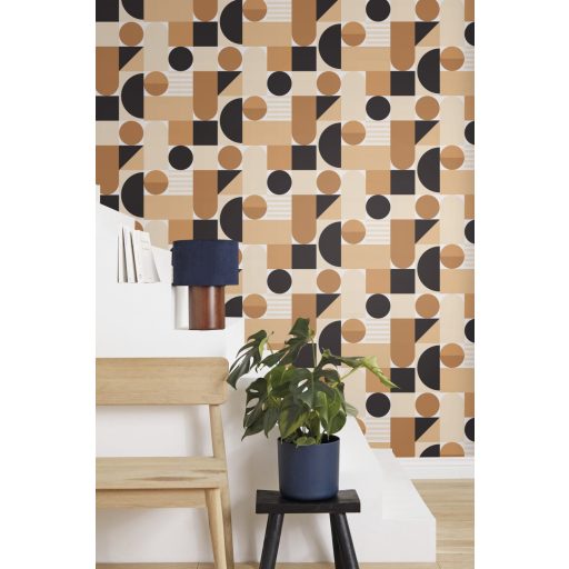 Bauhaus ihletésű grafikus fali dekoráció purista mértani elemekkel fehér bézs karamell és sötétbarna/fekete tónus tapéta