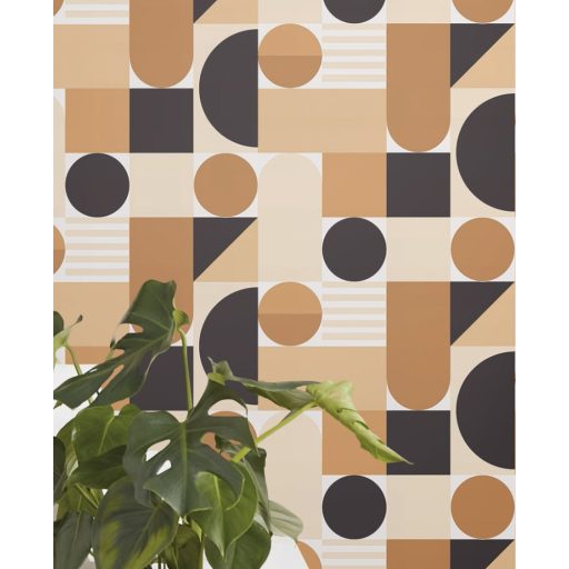 Bauhaus ihletésű grafikus fali dekoráció purista mértani elemekkel fehér bézs karamell és sötétbarna/fekete tónus tapéta