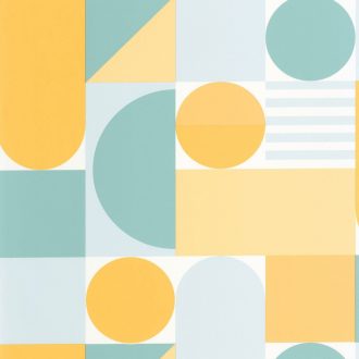   Bauhaus ihletésű grafikus fali dekoráció purista mértani elemekkel fehér sárga és világos türkiz/zöldeskék tónus tapéta