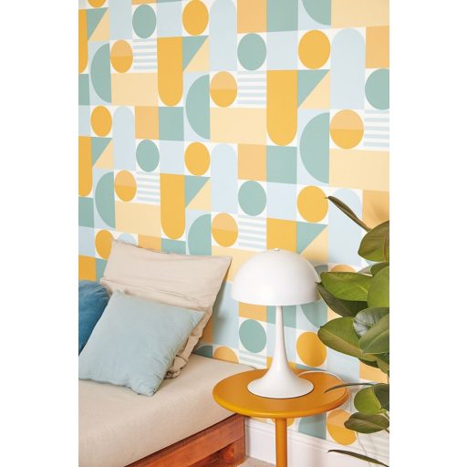 Bauhaus ihletésű grafikus fali dekoráció purista mértani elemekkel fehér sárga és világos türkiz/zöldeskék tónus tapéta