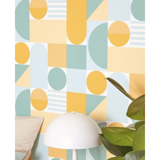 Bauhaus ihletésű grafikus fali dekoráció purista mértani elemekkel fehér sárga és világos türkiz/zöldeskék tónus tapéta