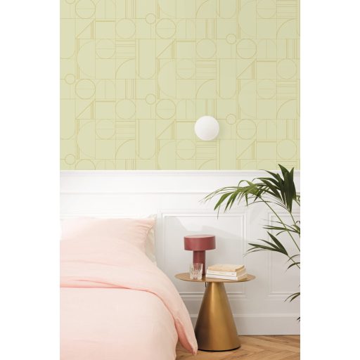 Minimalista fali dekoráció változatos geometriai formákból mandulazöld és arany tónus tapéta