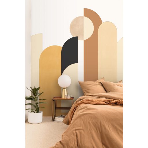 Lekerekített geometrikus formák dinamikus mintája "L" fehér krém bézs karamell és fekete tónus arany kontúrok falpanel