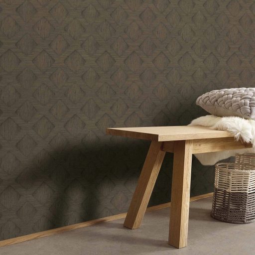 Rombusz és halszálka mintázat találkozása - texturált geometriai elegancia olajzöld és földes barna tónus tapéta