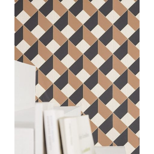 Precíz és pontos geometriai formák háromdimenziós illúziója bézs teveszőrbarna és fekete tónus tapéta