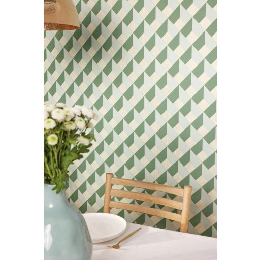 Precíz és pontos geometriai formák háromdimenziós illúziója bézs világoszöld és növényzöld tónus tapéta