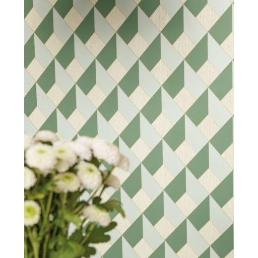 Precíz és pontos geometriai formák háromdimenziós illúziója bézs világoszöld és növényzöld tónus tapéta