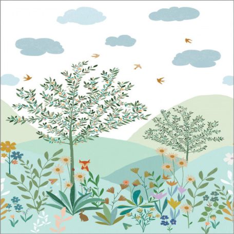 HEIDI földjén és képzeletvilágában - Panoráma tájkép fákkal virágokkal... fehér zöld kék és sokszínű tónus "M" falpanel